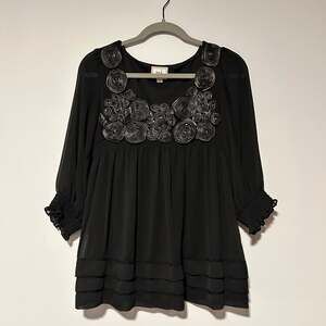ECI New York Black Embroidered Chiffon Blouse Women’s M 3/4 Sleeve Boho Top D57